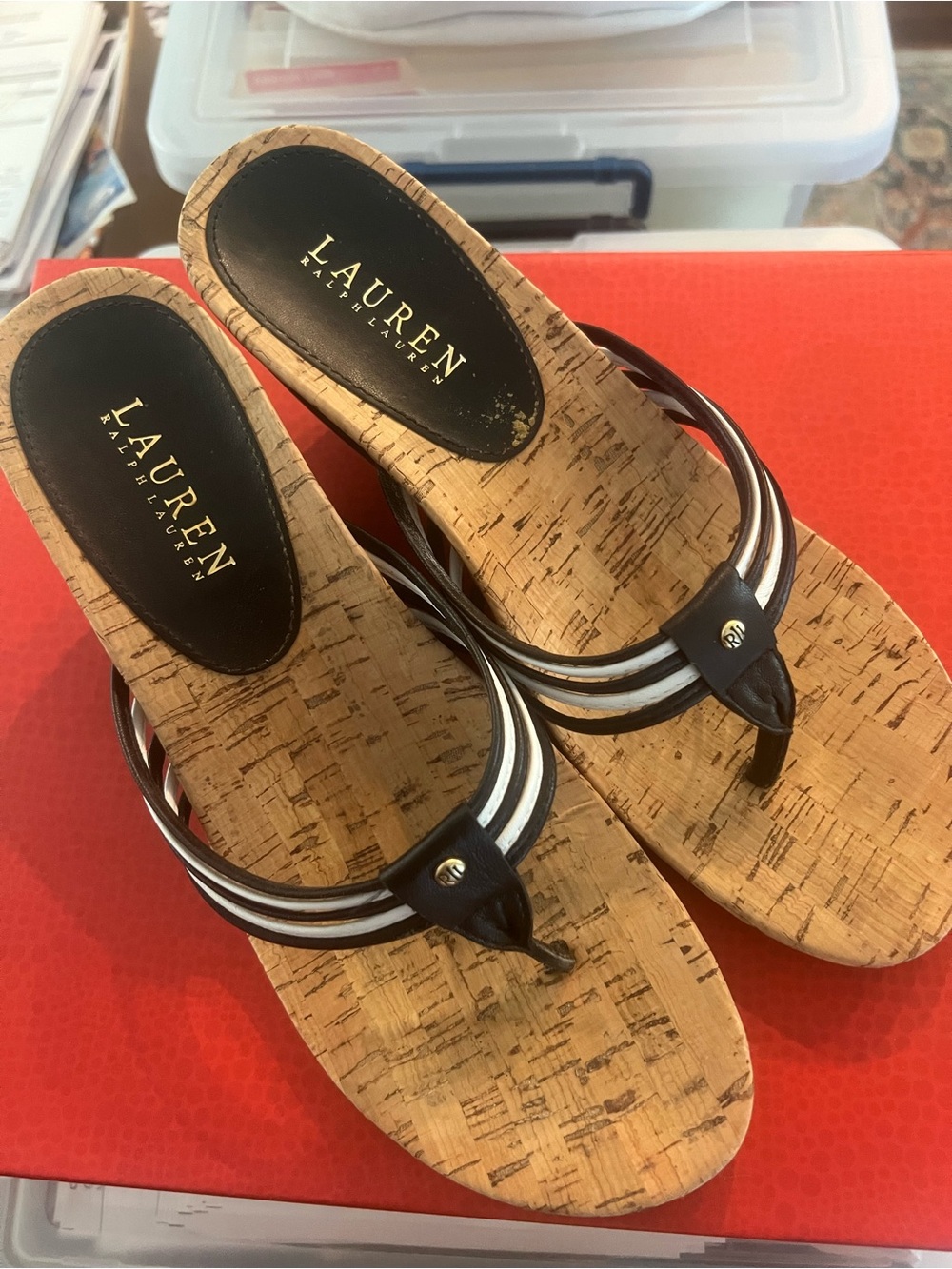 Lauren Ralph Lauren Black and White Cork Wedge Thong Sandals